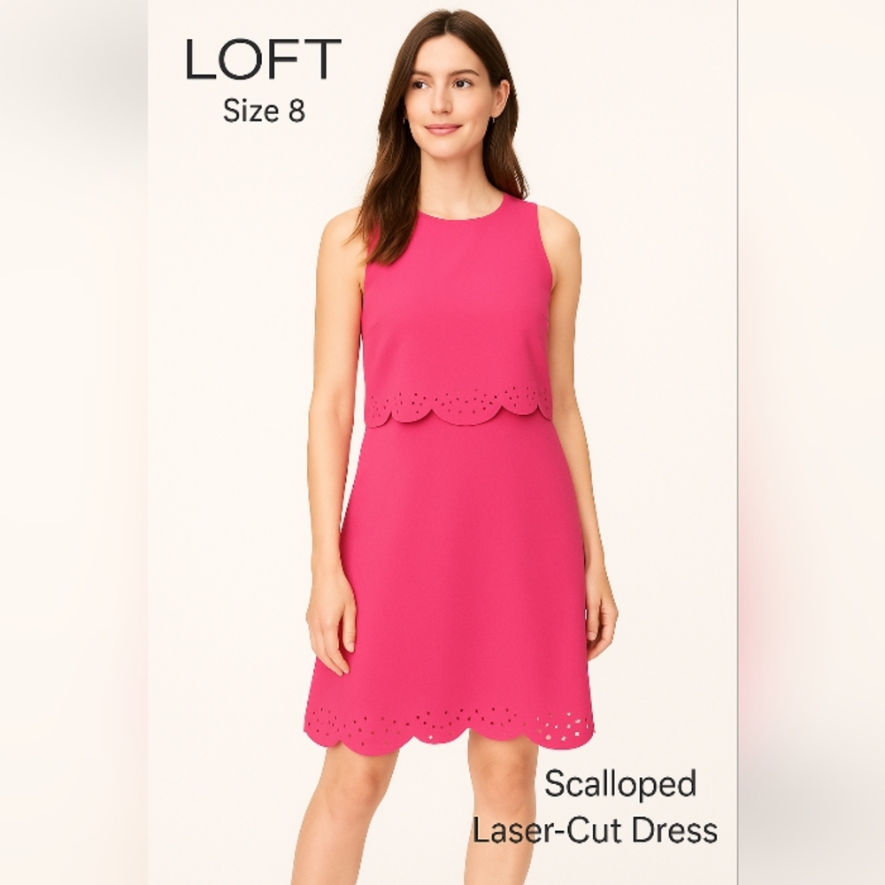 Loft Women's Pink Sleeveless Scalloped Laser-Cut Hem Sheath Dress Size 8